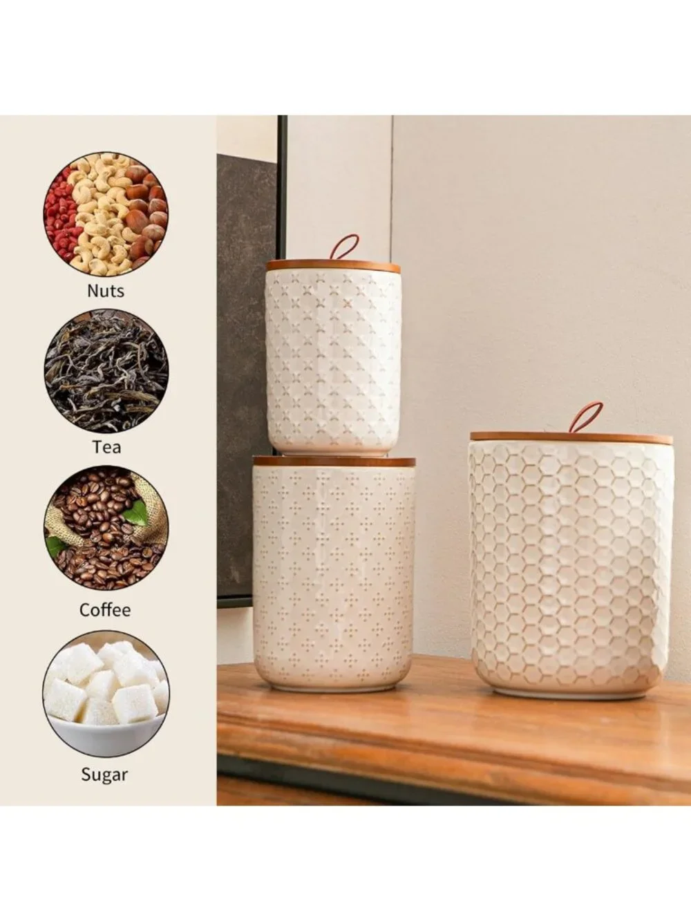 Airtight White Ceramic Canister Set with Wooden Lids - 3-Piece Kitchen Storage